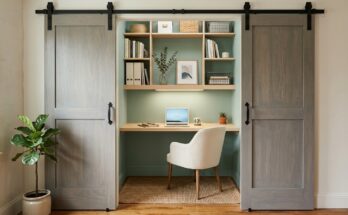 Closet conversion home office with grey wash barn doors, a light birch floating desk, and 'Sea Salt' green interior paint.