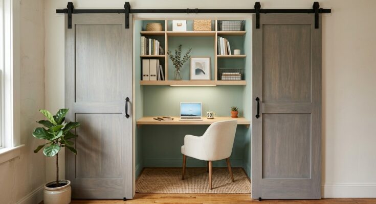 Closet conversion home office with grey wash barn doors, a light birch floating desk, and 'Sea Salt' green interior paint.