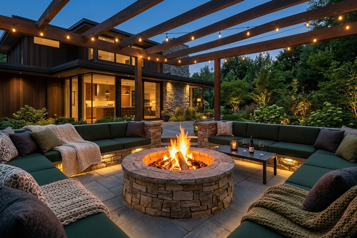 Fireside lounge patio with stone fire pit, charcoal sectional sofas, throws, pillows, and string lights