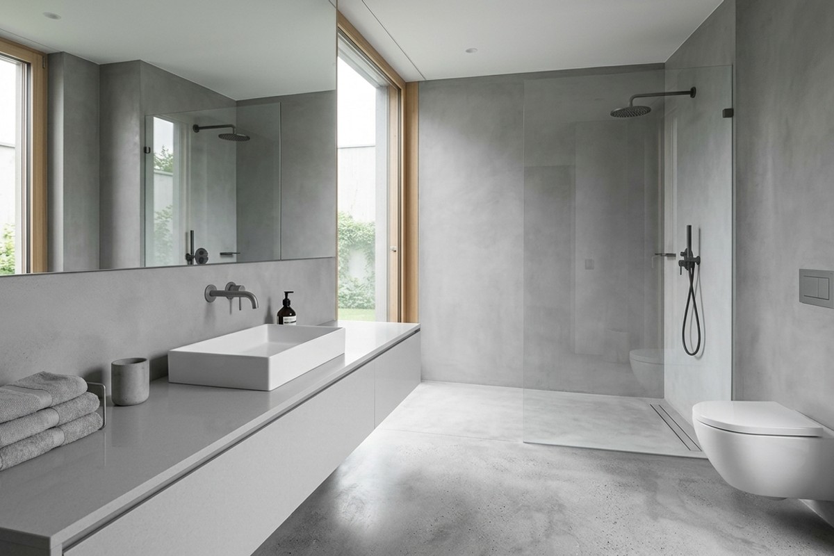 Modern minimalist bathroom with a discreet toilet, frameless mirror, and curbless shower