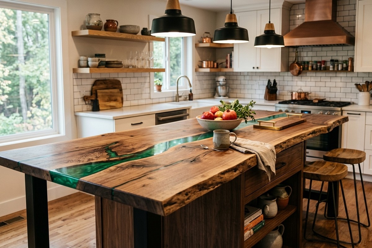Rustic live-edge wood kitchen island featuring a striking deep sapphire resin inlay, highlighting natural wood contours.