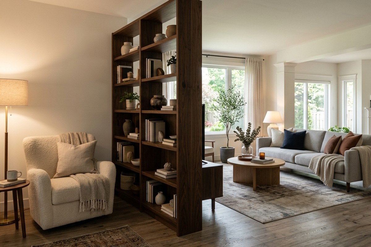 Living room with dual zones separated by a tall open-backed bookshelf, showing a reading nook and social area