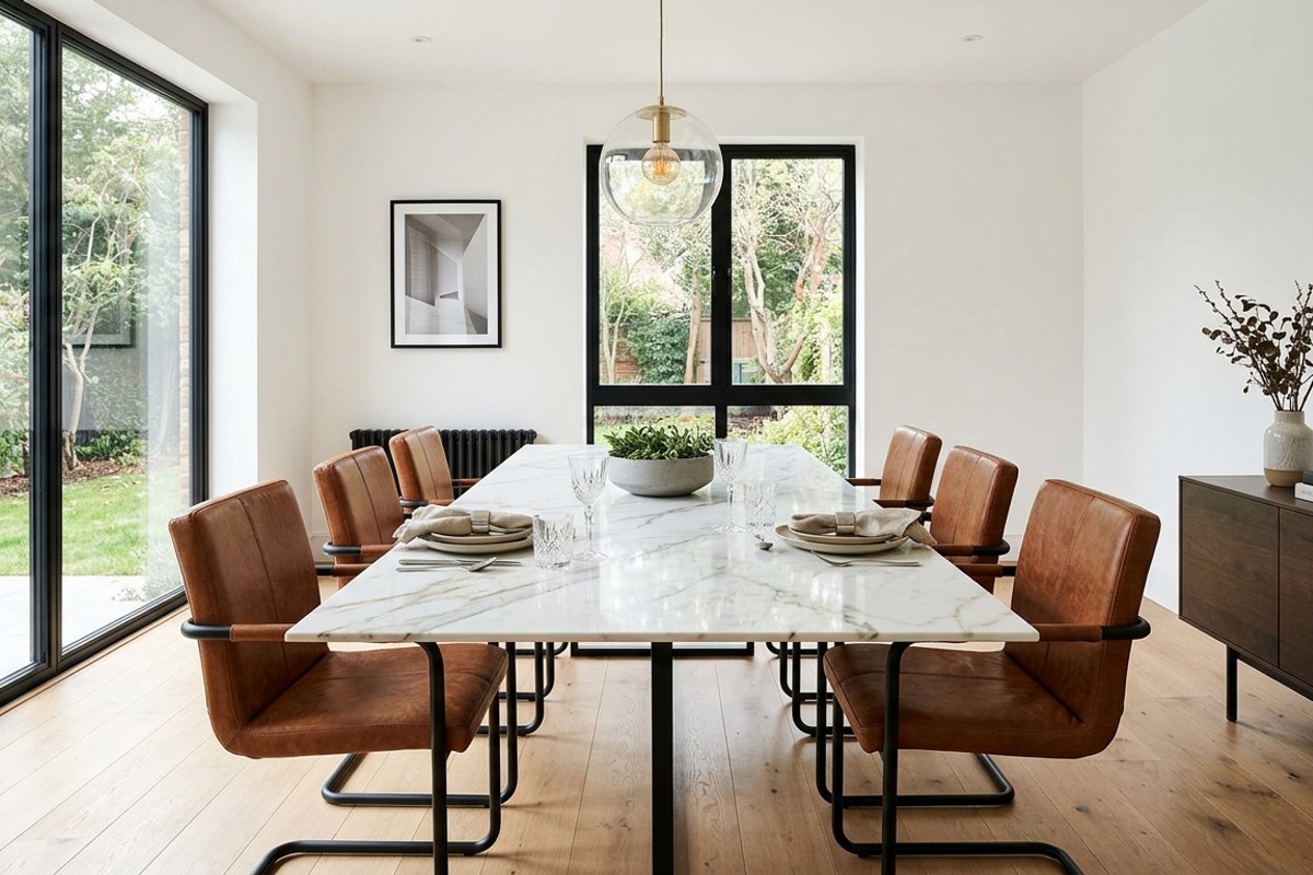 Modern minimalist dining room with Calacatta marble effect table, cognac leather chairs, and white walls.