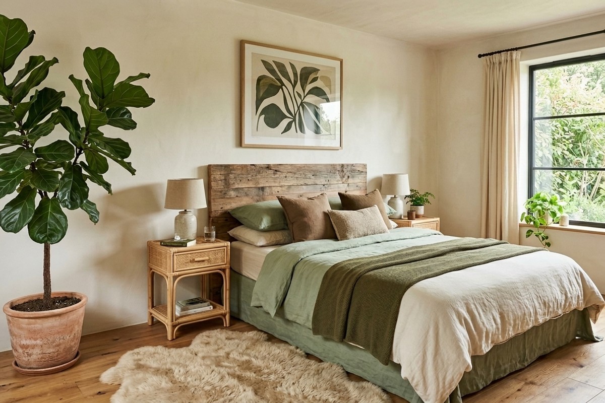Biophilic bedroom with fiddle-leaf fig, reclaimed wood headboard, rattan tables, and green textiles.