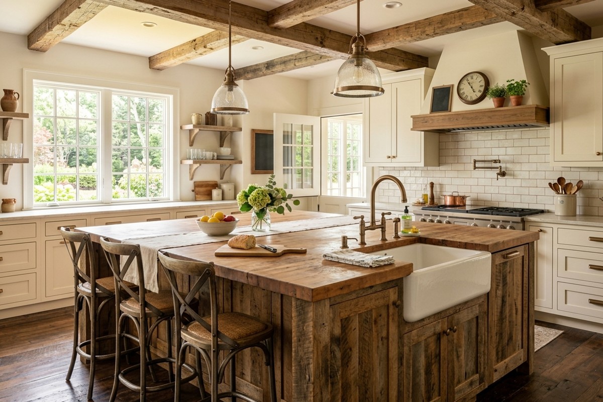 Cozy farmhouse chic kitchen with oversized island, apron sink, butcher block, and exposed beams
