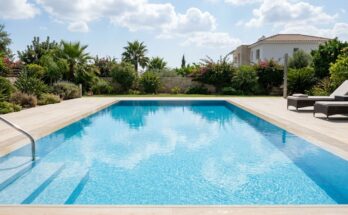 Serene saltwater swimming pool with clear, sparkling blue water and a modern light-colored pool deck.