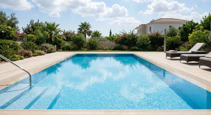 Serene saltwater swimming pool with clear, sparkling blue water and a modern light-colored pool deck.