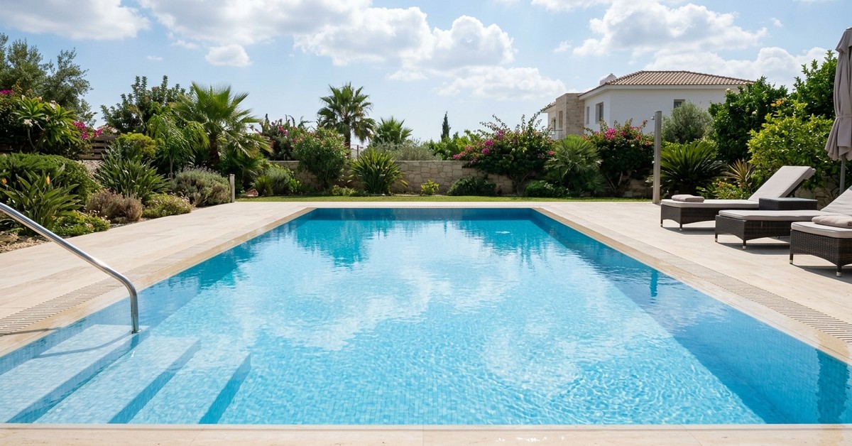 Serene saltwater swimming pool with clear, sparkling blue water and a modern light-colored pool deck.