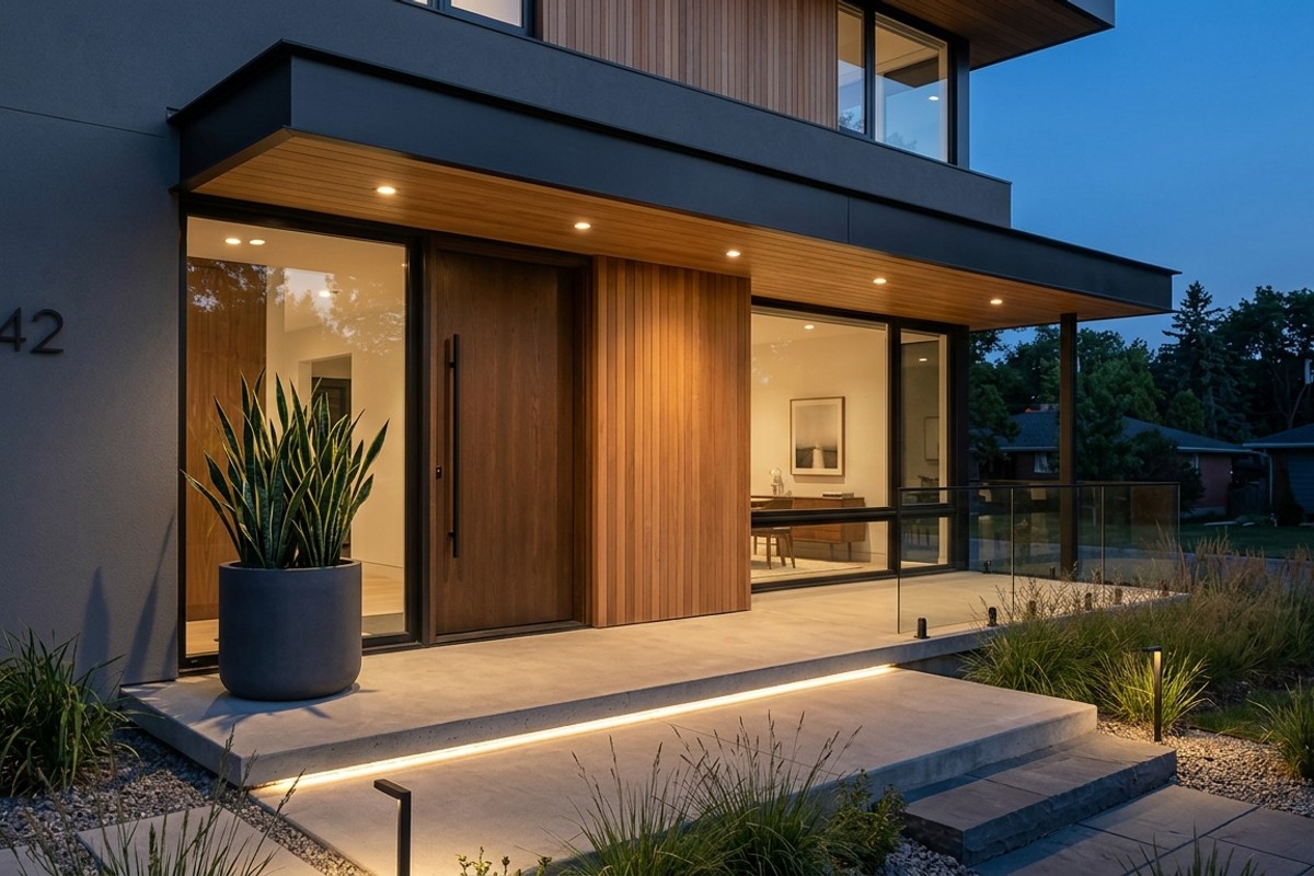 Modern minimalist porch with a large architectural planter holding a snake plant and subtle recessed LED lighting.