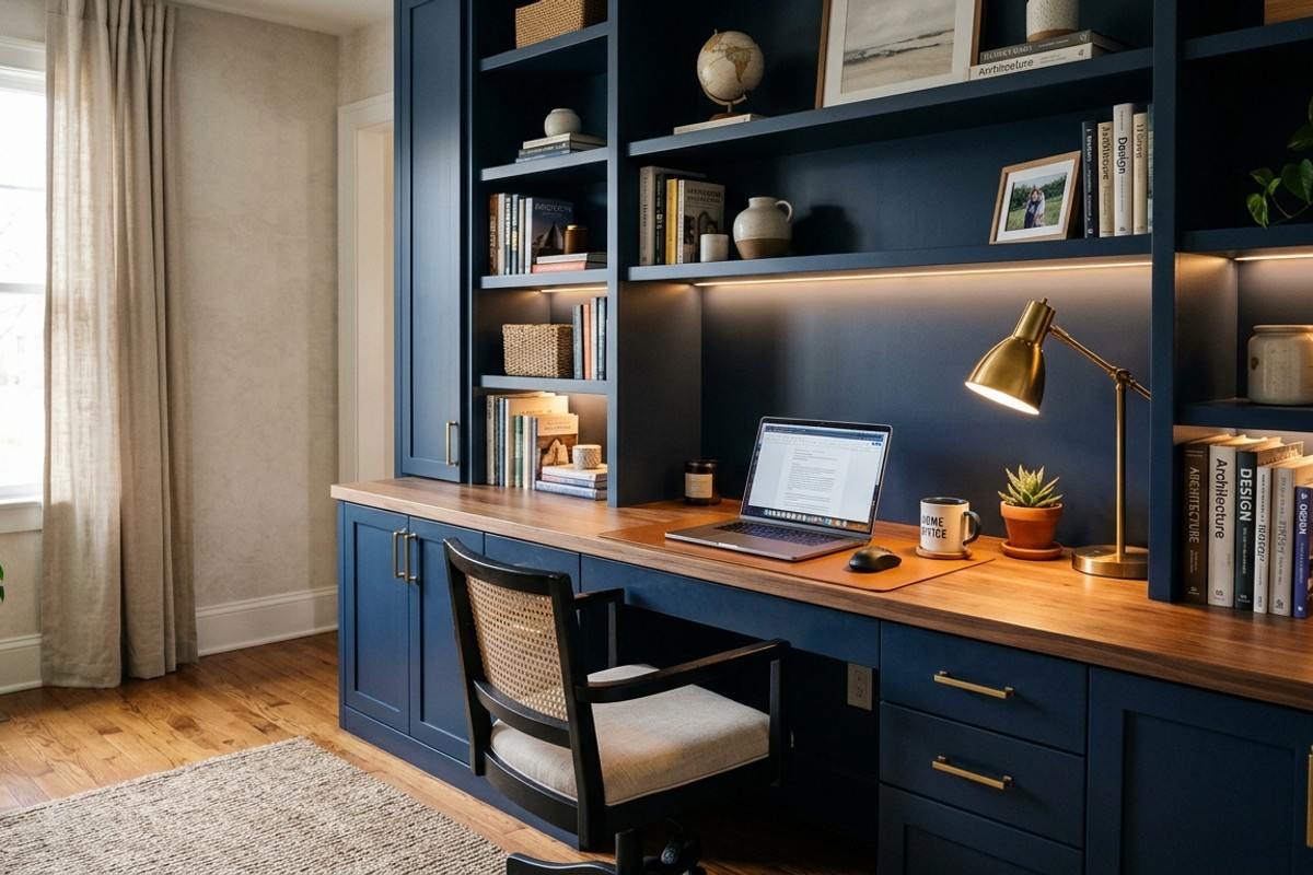 Deep navy built-in nook office with integrated shelving, drawers, and focused LED task lighting, creating an efficient workspace.