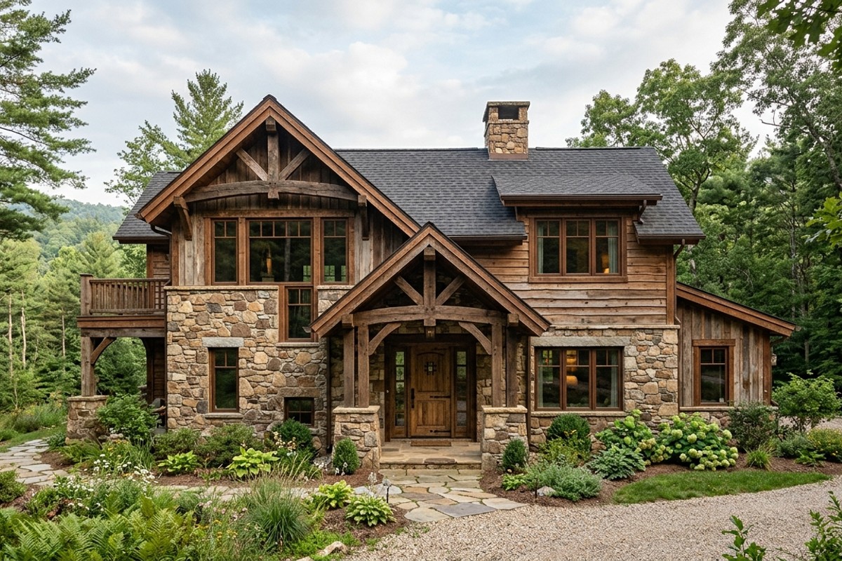 Rustic home facade with natural stone cladding, reclaimed wood beams, and timber accents.