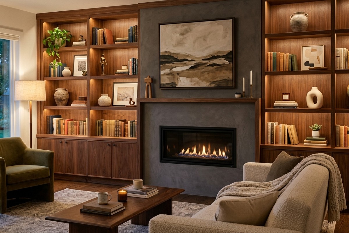 Rich walnut built-in cabinetry next to a fireplace, showcasing books and decorative items, a personalized living room design.