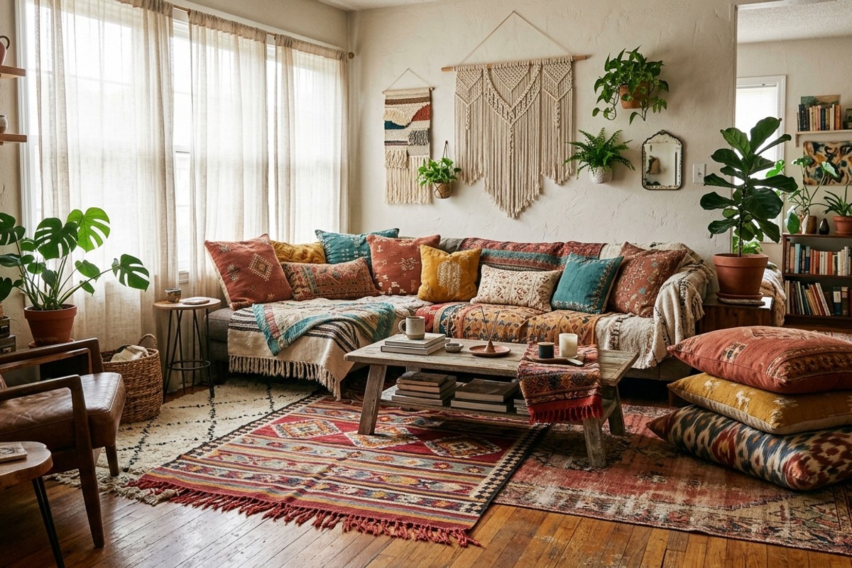 Bohemian living room with Moroccan rugs, macrame, floor cushions, and earthy tones.
