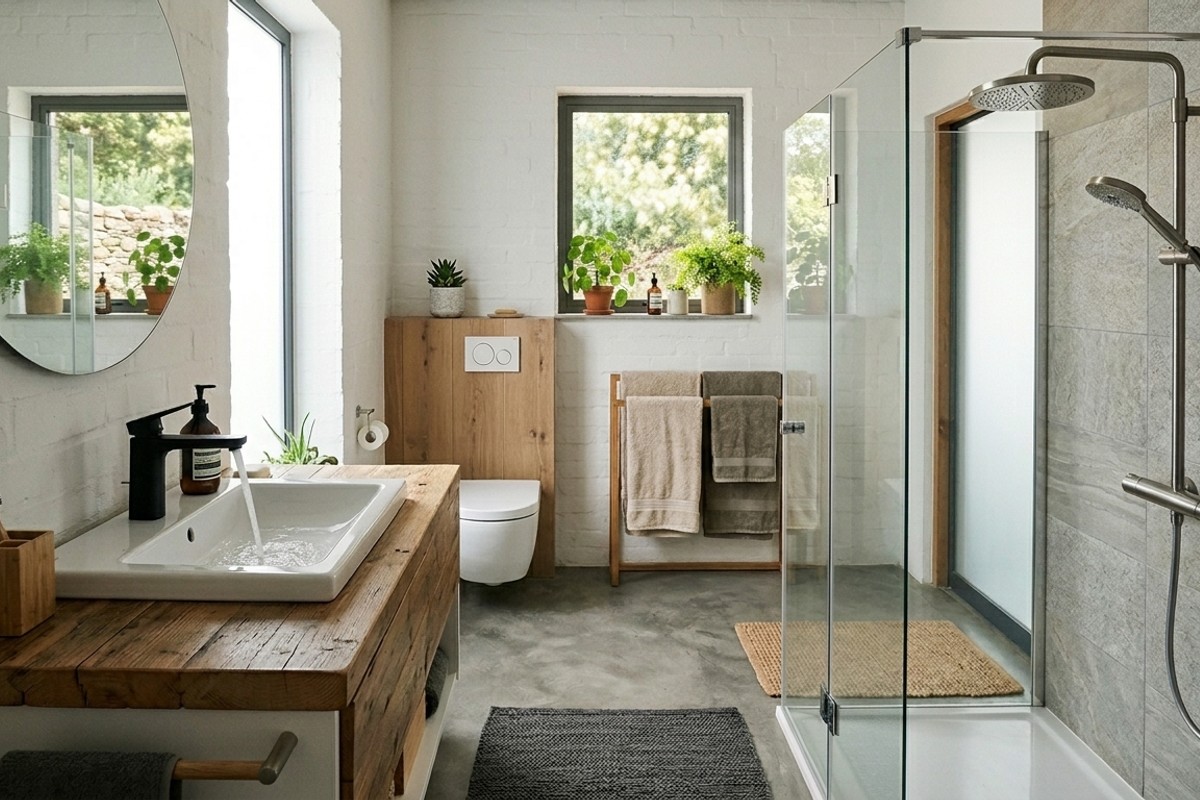 Modern eco-friendly bathroom with low-flow showerhead, dual-flush toilet, and touchless faucet