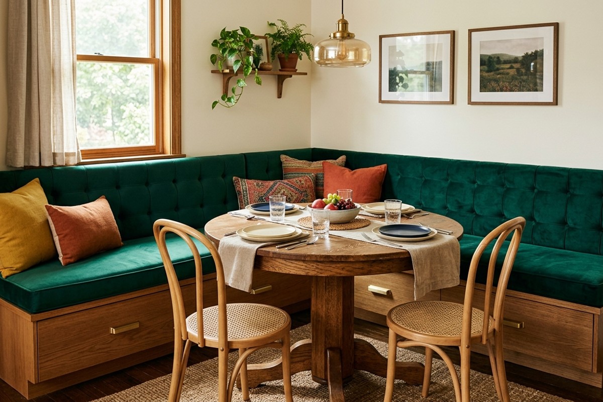Modern dining room with modular bench seating upholstered in rich performance velvet, featuring hidden storage.