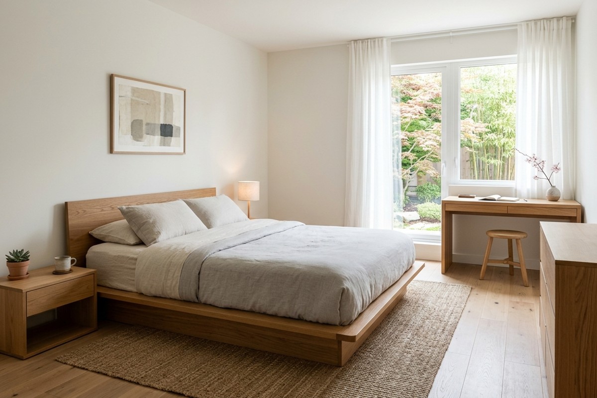 Minimalist Zen bedroom with soft white walls, natural wood furniture, and clean lines.