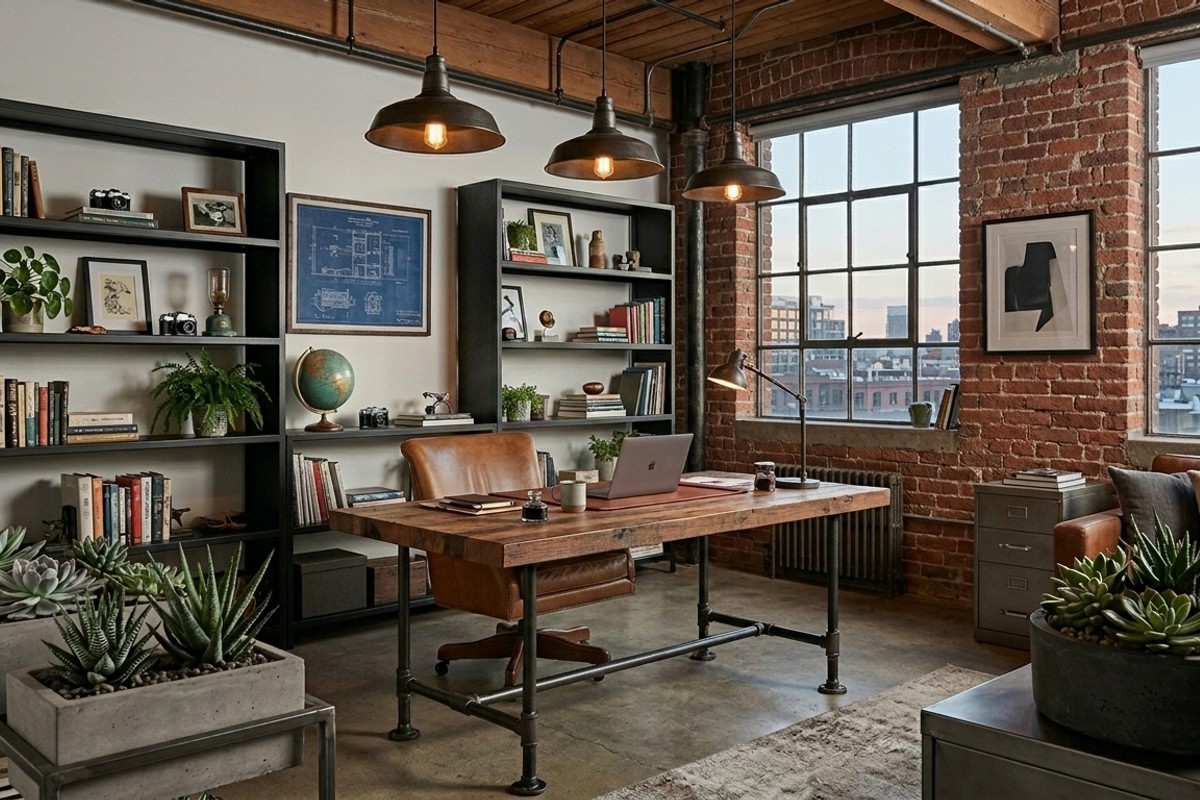 Industrial chic home office with exposed brick, reclaimed wood desk, metal shelving, and factory lighting