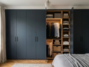 Wall-to-wall built-in wardrobe with Farrow & Ball Railings matte doors and customized interior