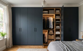 Wall-to-wall built-in wardrobe with Farrow & Ball Railings matte doors and customized interior