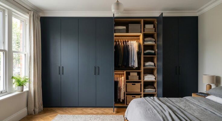 Wall-to-wall built-in wardrobe with Farrow & Ball Railings matte doors and customized interior