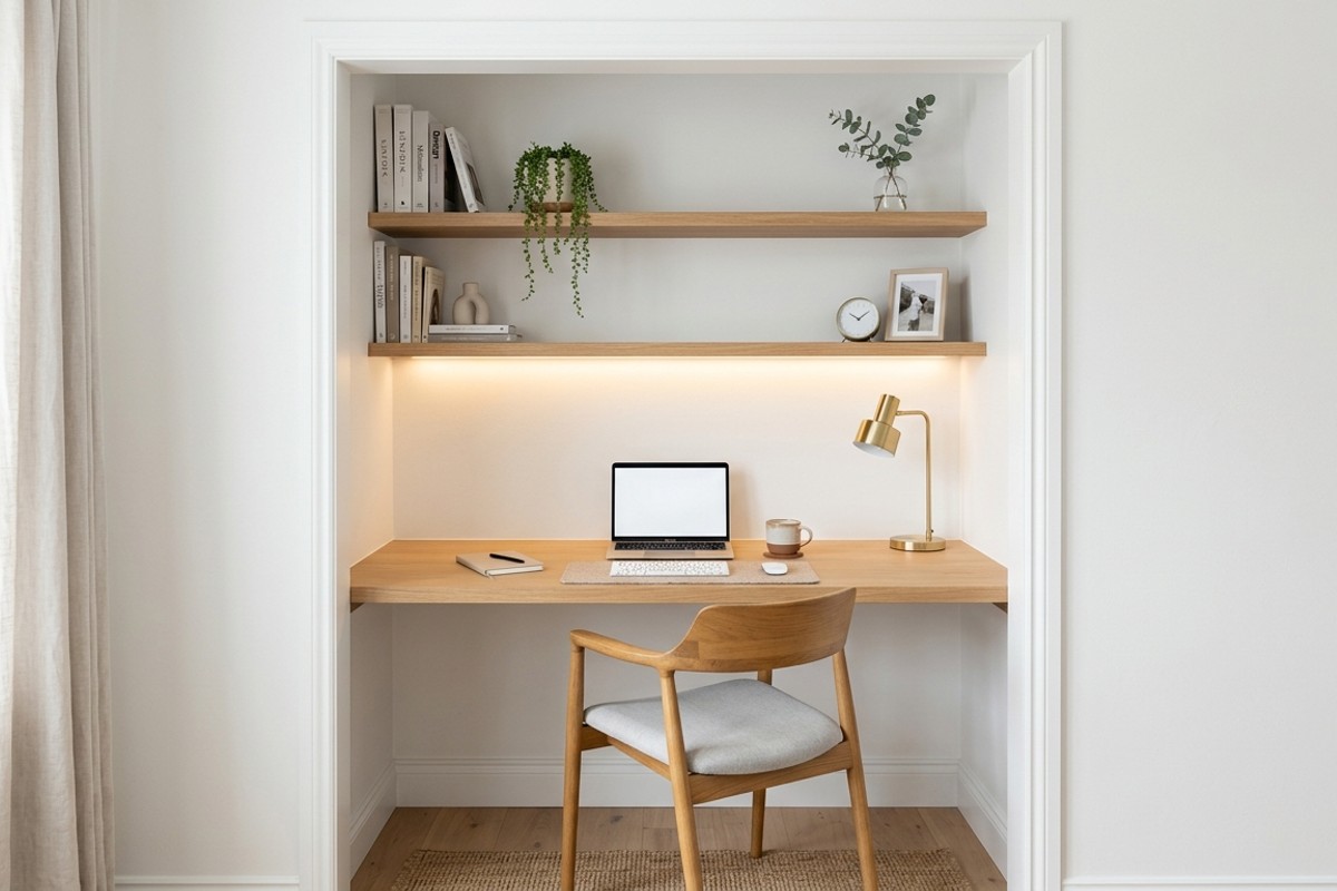 Closet converted into a home office with Benjamin Moore 'Chantilly Lace' white walls, floating desk, and shelves.