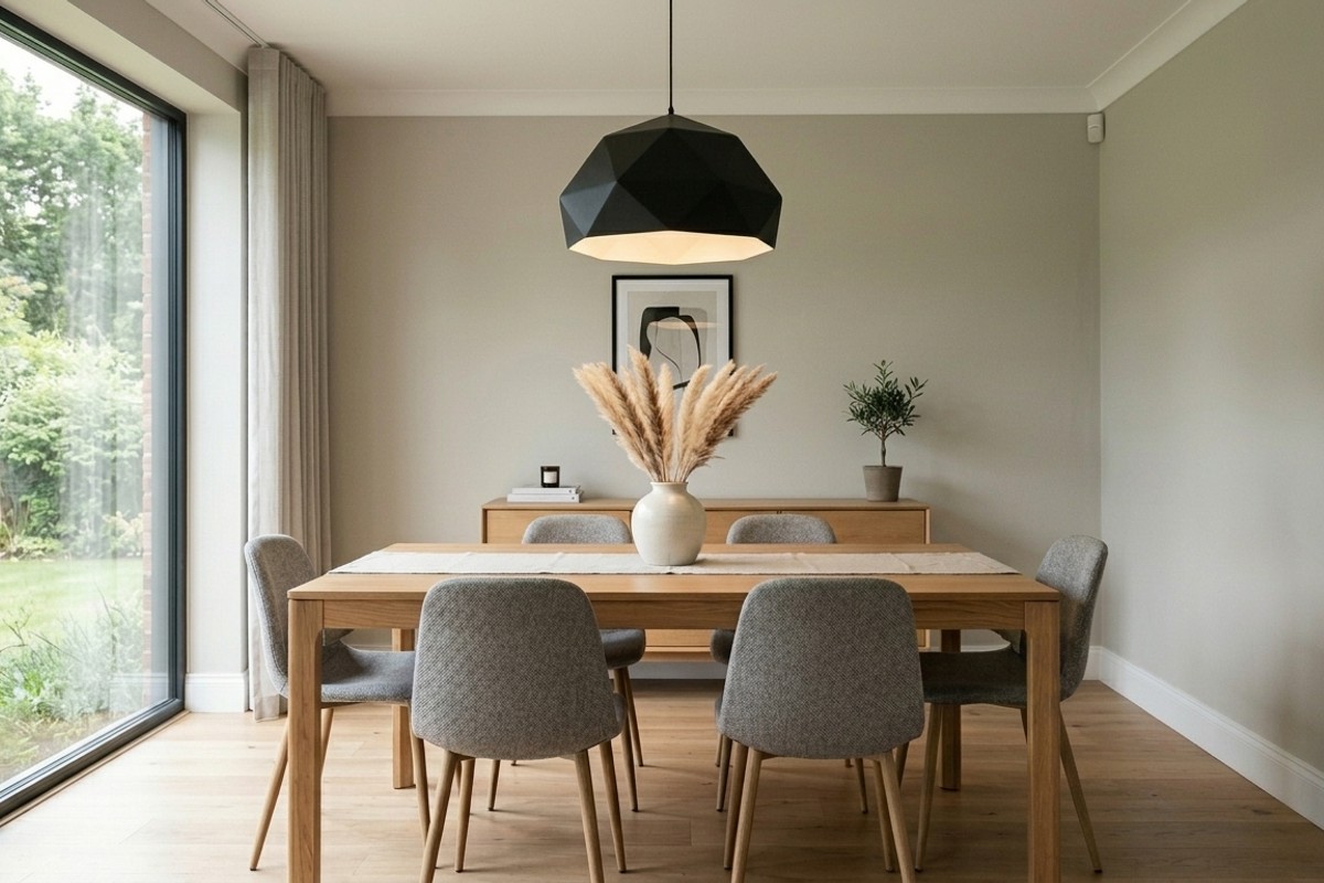 Modern minimalist dining room with greige walls, sculptural pendant light, and subtle decor.