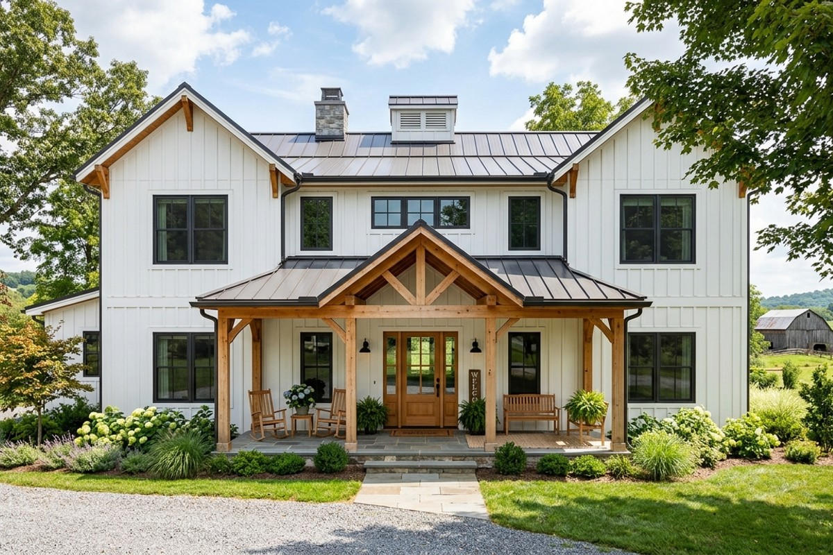 Modern farmhouse exterior featuring white board-and-batten siding, dark window frames, natural wood accents, and a large porch with exposed timber beams.