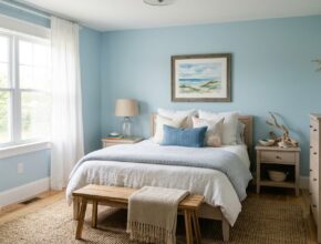 Coastal serene bedroom with Palladian Blue walls, light wood furniture, seagrass rug, and white sheer drapes.