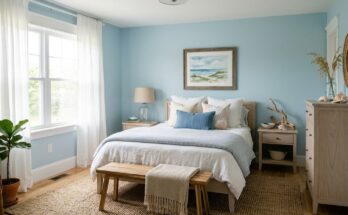 Coastal serene bedroom with Palladian Blue walls, light wood furniture, seagrass rug, and white sheer drapes.