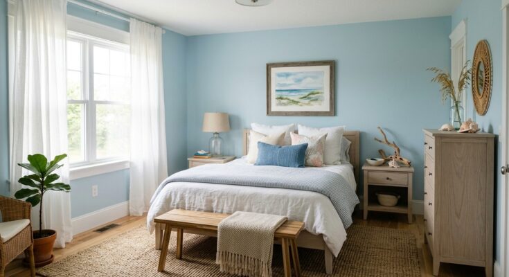 Coastal serene bedroom with Palladian Blue walls, light wood furniture, seagrass rug, and white sheer drapes.