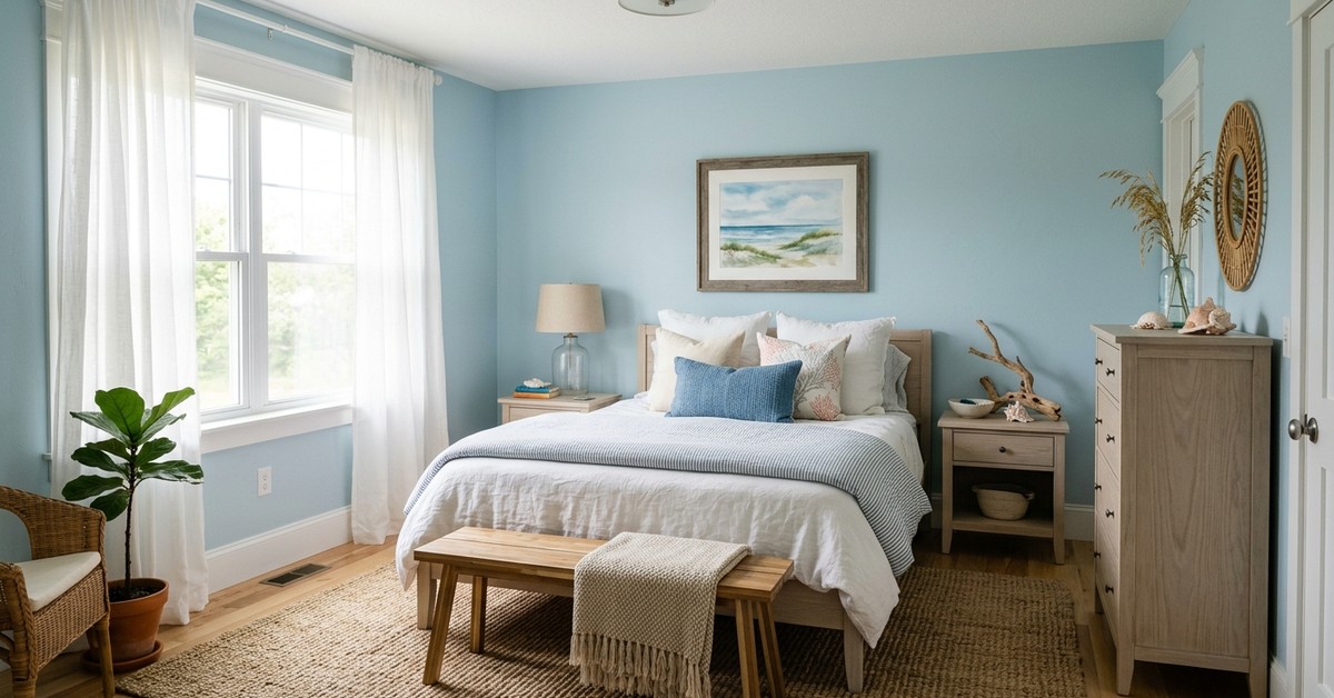Coastal serene bedroom with Palladian Blue walls, light wood furniture, seagrass rug, and white sheer drapes.