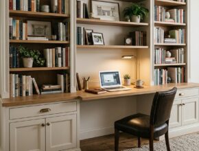 Built-in bookshelf with an integrated walnut desk and flanking vertical shelves for storage.