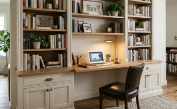 Built-in bookshelf with an integrated walnut desk and flanking vertical shelves for storage.