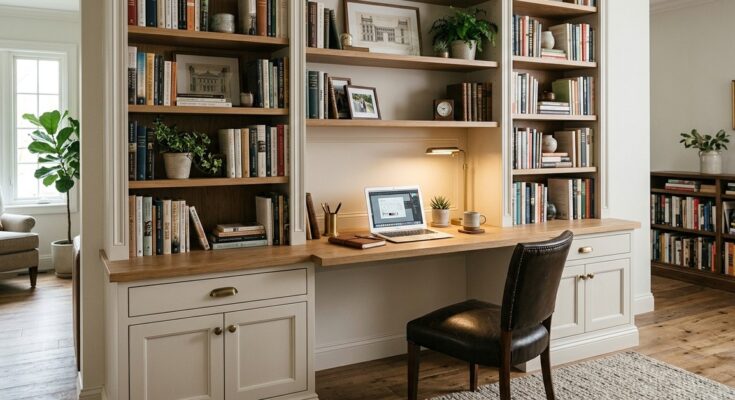 Built-in bookshelf with an integrated walnut desk and flanking vertical shelves for storage.