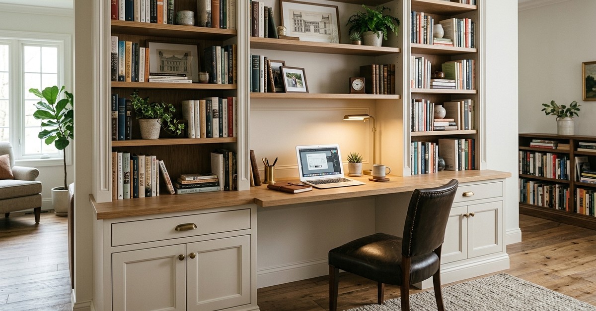 Built-in bookshelf with an integrated walnut desk and flanking vertical shelves for storage.