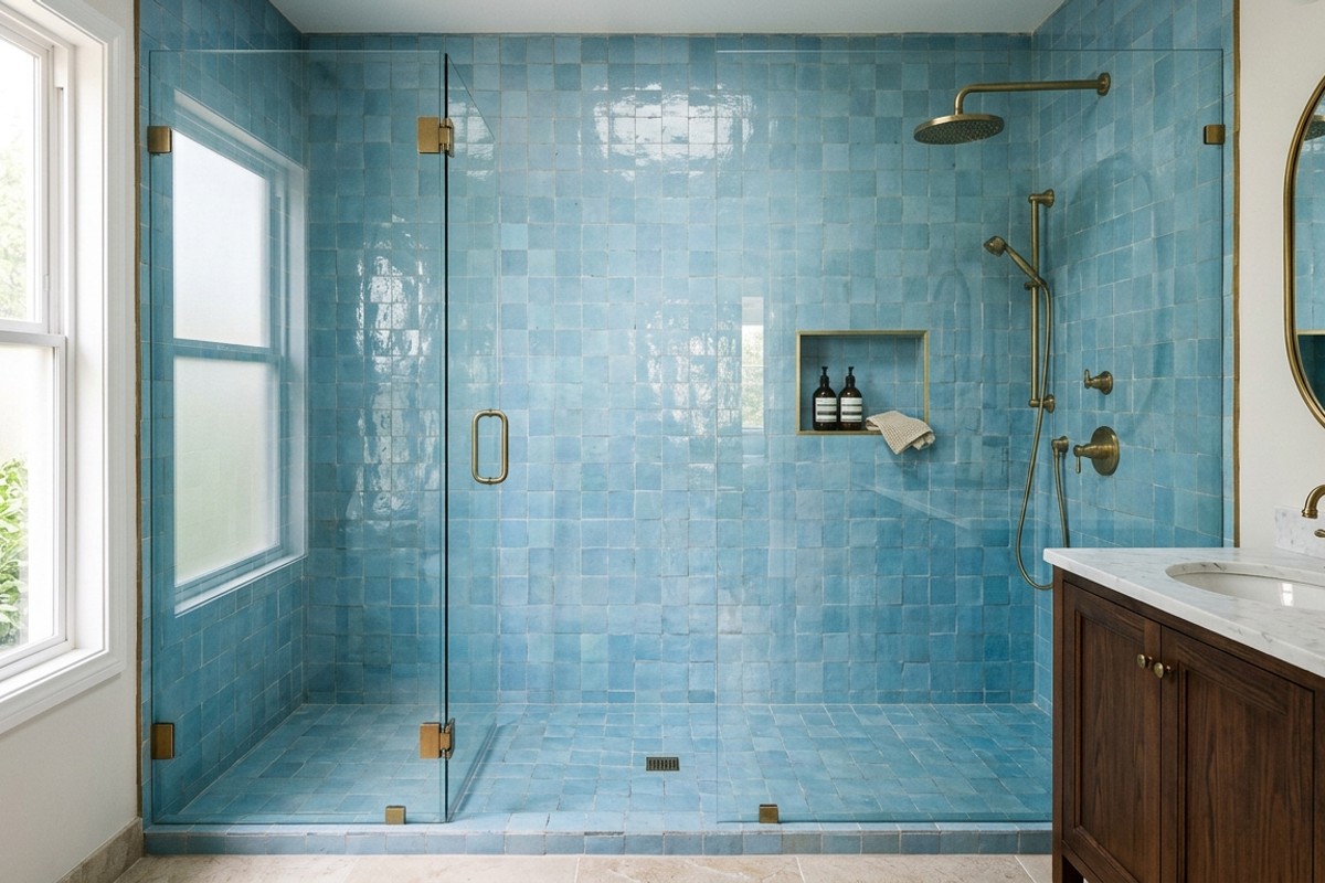 Moroccan dreamscape bathroom with serene sky-blue zellige tiles cladding a shower enclosure.