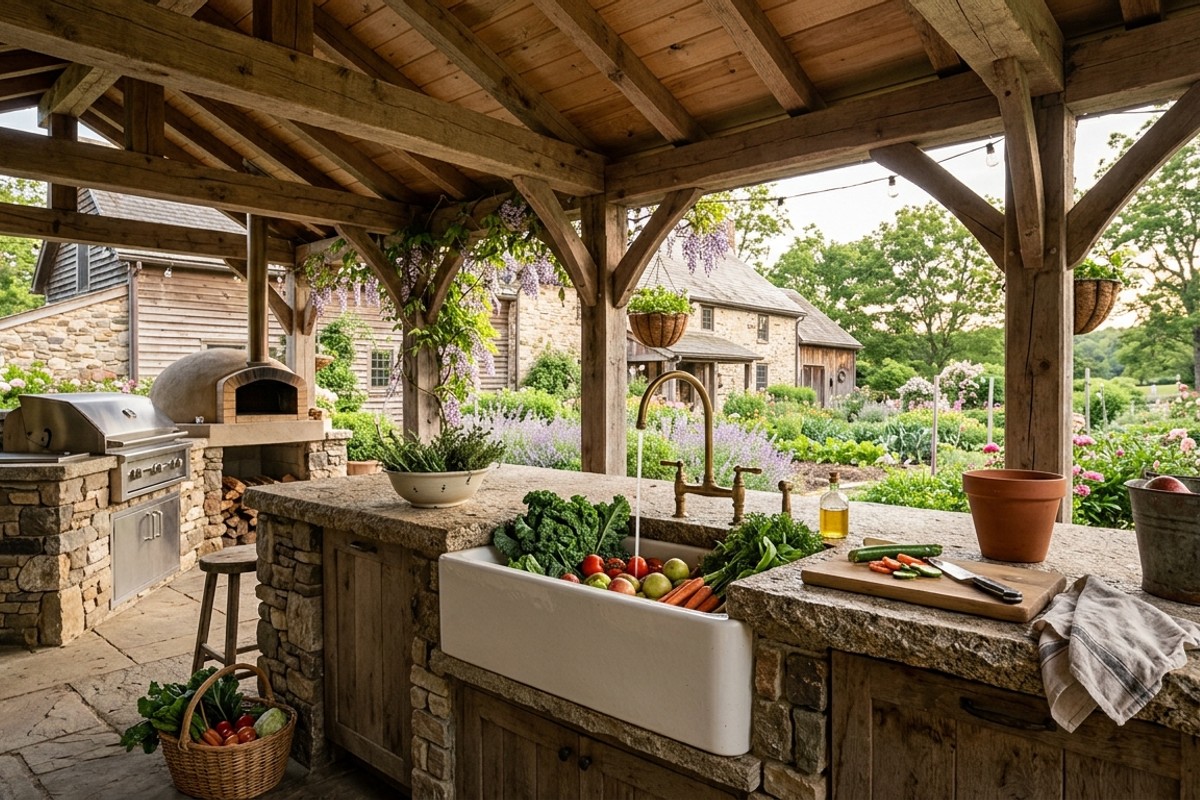 Rustic farmhouse outdoor kitchen with rough-hewn granite counters, a deep apron-front sink, and a covered pergola.