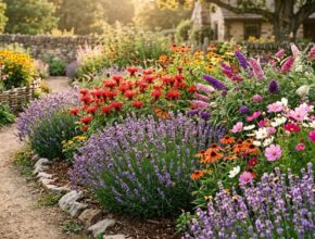 Pollinator garden with drifts of purple lavender, red bee balm, butterfly bushes, and colorful cosmos flowers in bloom.
