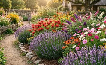 Pollinator garden with drifts of purple lavender, red bee balm, butterfly bushes, and colorful cosmos flowers in bloom.