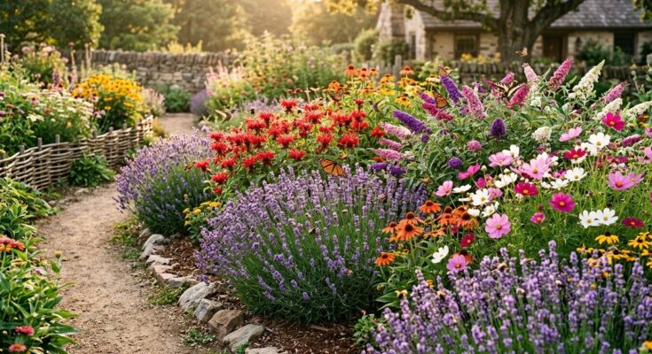 Pollinator garden with drifts of purple lavender, red bee balm, butterfly bushes, and colorful cosmos flowers in bloom.