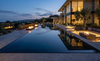 Modern architectural pool with perimeter overflow, mirror surface, integrated fire features, and sunken lounge.