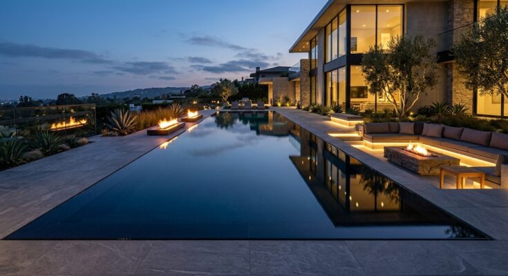 Modern architectural pool with perimeter overflow, mirror surface, integrated fire features, and sunken lounge.