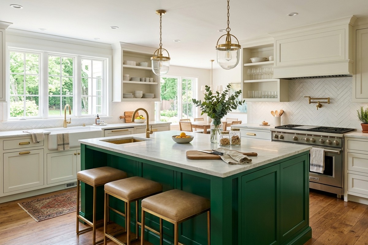 Kitchen with a striking emerald green island against classic off-white cabinets.