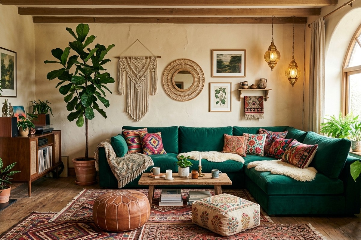 Bohemian living room with emerald sofa, macramé, Moroccan poufs, kilim rugs, and fiddle leaf fig plants.