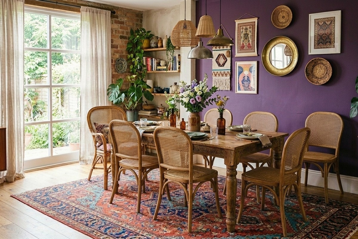 Bohemian dining room with rattan, macrame, ornate rug, mismatched chairs, and jewel-toned accents.