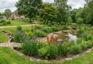 Serene rain garden oasis with lush irises, cardinal flowers, and sedges in a gently sloped basin, managing stormwater.