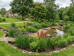 Serene rain garden oasis with lush irises, cardinal flowers, and sedges in a gently sloped basin, managing stormwater.