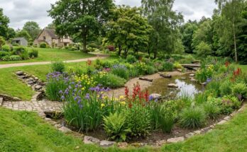 Serene rain garden oasis with lush irises, cardinal flowers, and sedges in a gently sloped basin, managing stormwater.