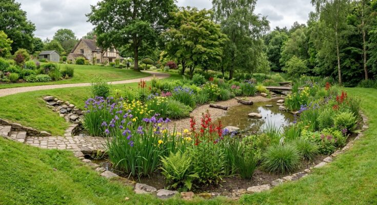 Serene rain garden oasis with lush irises, cardinal flowers, and sedges in a gently sloped basin, managing stormwater.