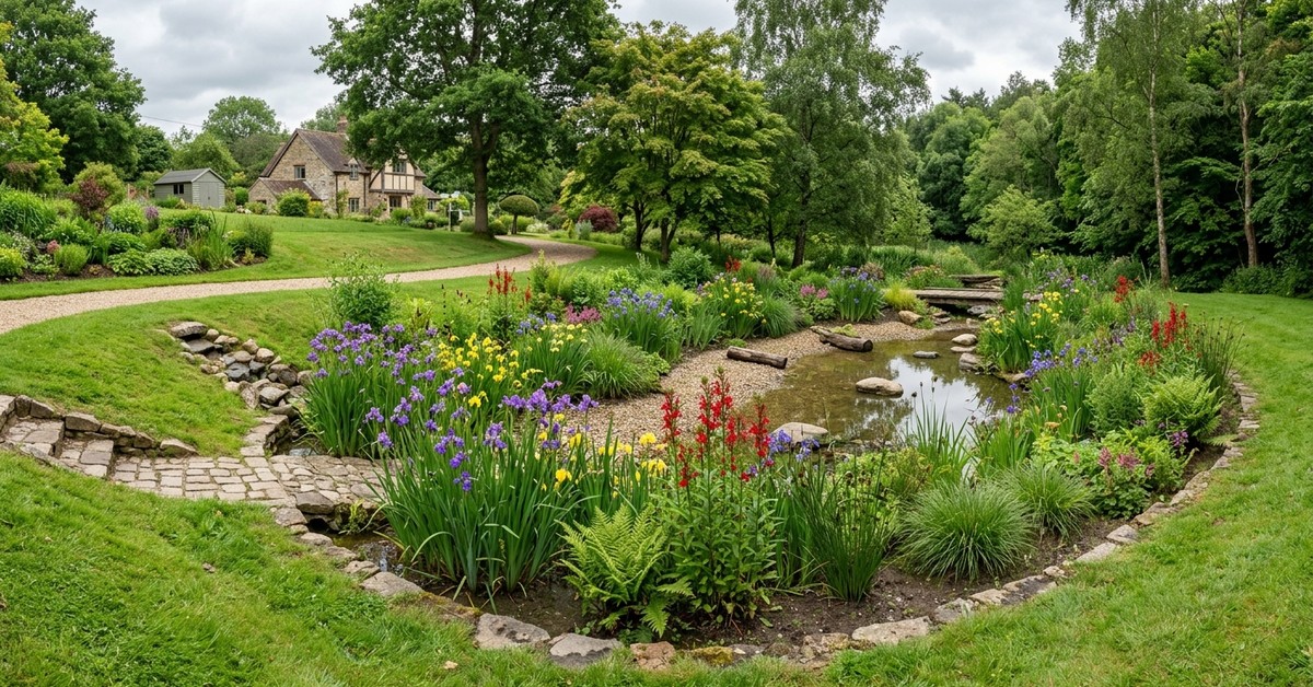 Serene rain garden oasis with lush irises, cardinal flowers, and sedges in a gently sloped basin, managing stormwater.